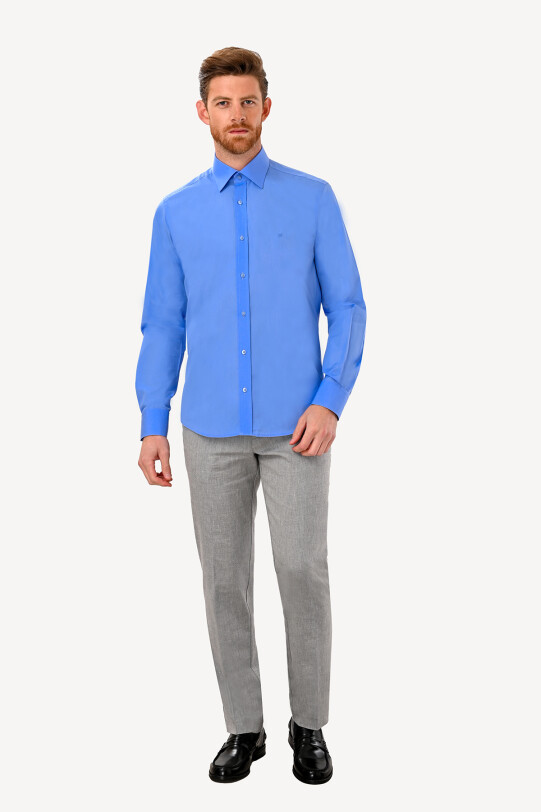 Erkek Koyu Mavi Uzun Kol Silim Fit Saten Gömlek