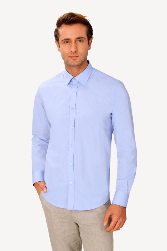 Erkek Koyu Mavi Yarım İtalyan Slim Fit Uzun Kol Gömlek