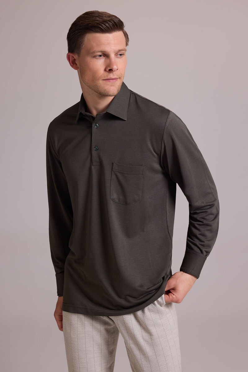 Erkek Koyu Yeşil Polo Yaka Sweatshirt - 2