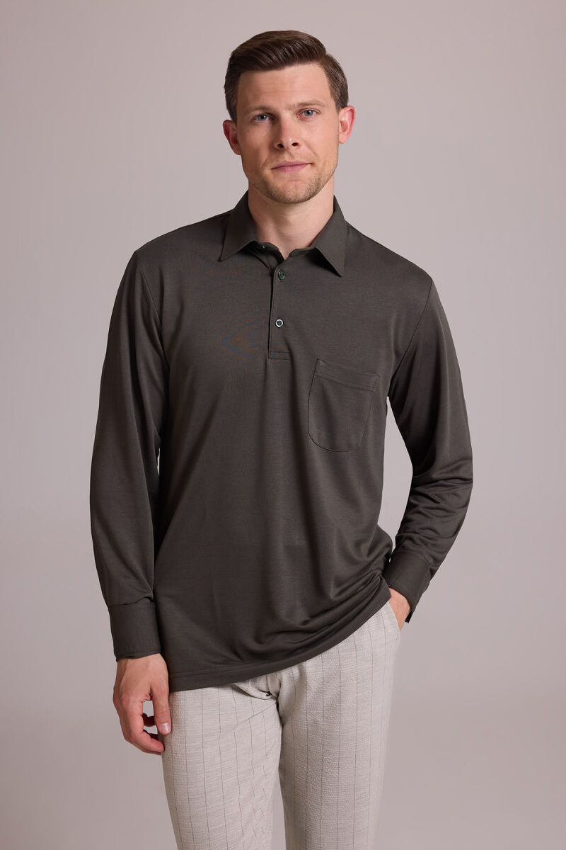 Erkek Koyu Yeşil Polo Yaka Sweatshirt - 5