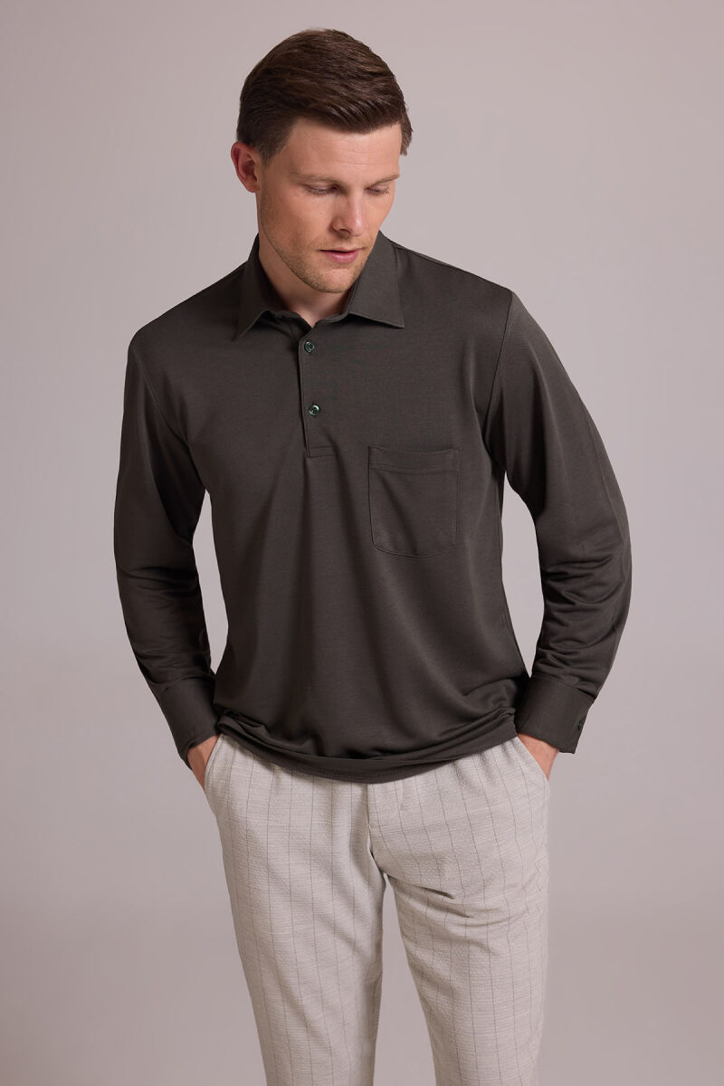 Erkek Koyu Yeşil Polo Yaka Sweatshirt - 6