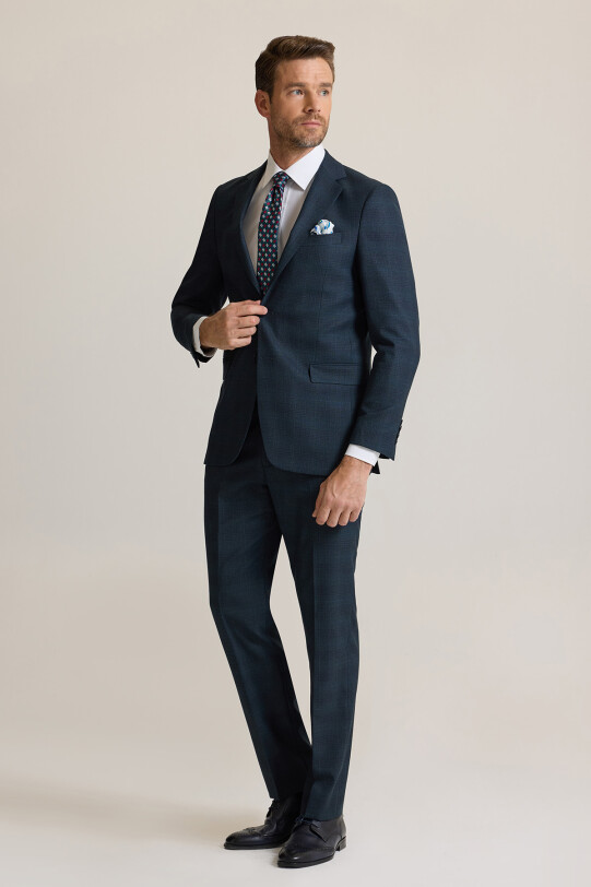 Erkek Koyu Yeşil Regular Fit Mono Yaka %100 Yünlü Takım Elbise