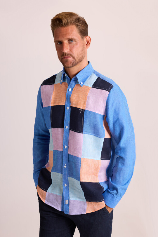 Erkek Koyu Mavi Regular Fit Uzun Kol Keten Gömlek