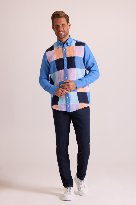 Erkek Koyu Mavi Regular Fit Uzun Kol Keten Gömlek