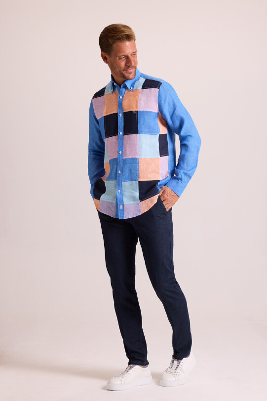 Erkek Koyu Mavi Regular Fit Uzun Kol Keten Gömlek