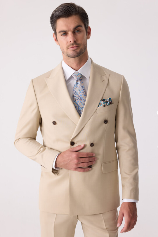 Erkek Krem Erkek Krem Slim Fit Yün Kruvaze Takım Elbise