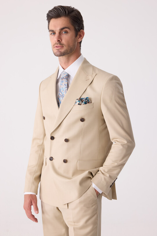 Erkek Krem Erkek Krem Slim Fit Yün Kruvaze Takım Elbise