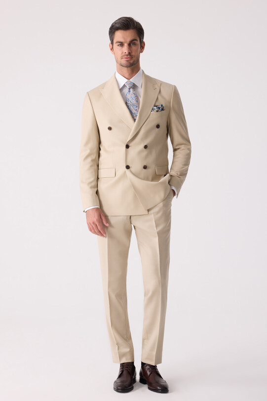 Erkek Krem Erkek Krem Slim Fit Yün Kruvaze Takım Elbise
