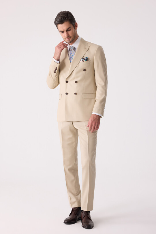 Erkek Krem Erkek Krem Slim Fit Yün Kruvaze Takım Elbise