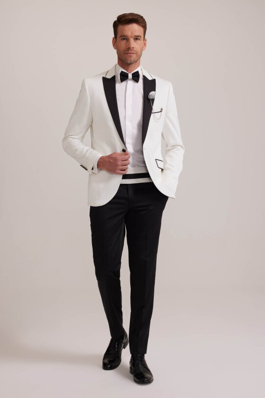 Erkek Krem Kırlangıç Yaka Slim Fit Damatlık