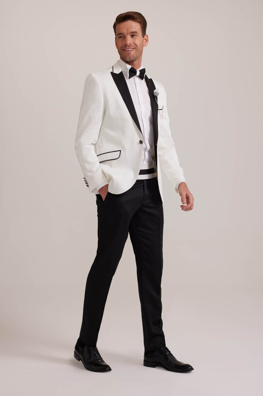 Erkek Krem Kırlangıç Yaka Slim Fit Damatlık