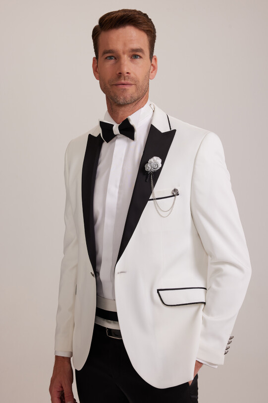 Erkek Krem Kırlangıç Yaka Slim Fit Damatlık