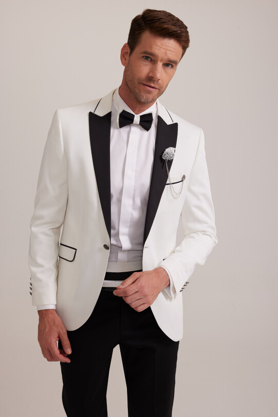 Erkek Krem Kırlangıç Yaka Slim Fit Damatlık