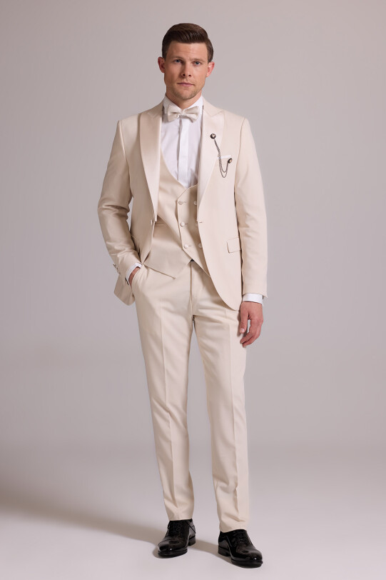 Erkek Krem Slim Fit Kırlangıç Yaka Yelekli Damatlık