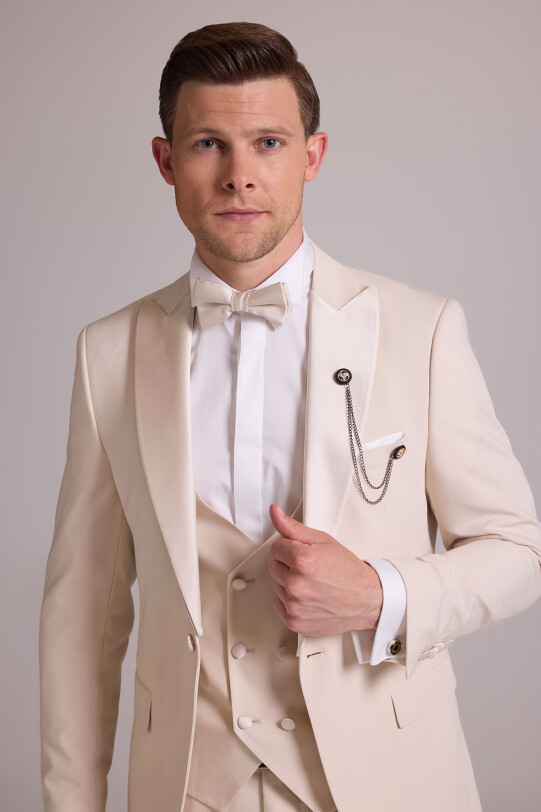 Erkek Krem Slim Fit Kırlangıç Yaka Yelekli Damatlık