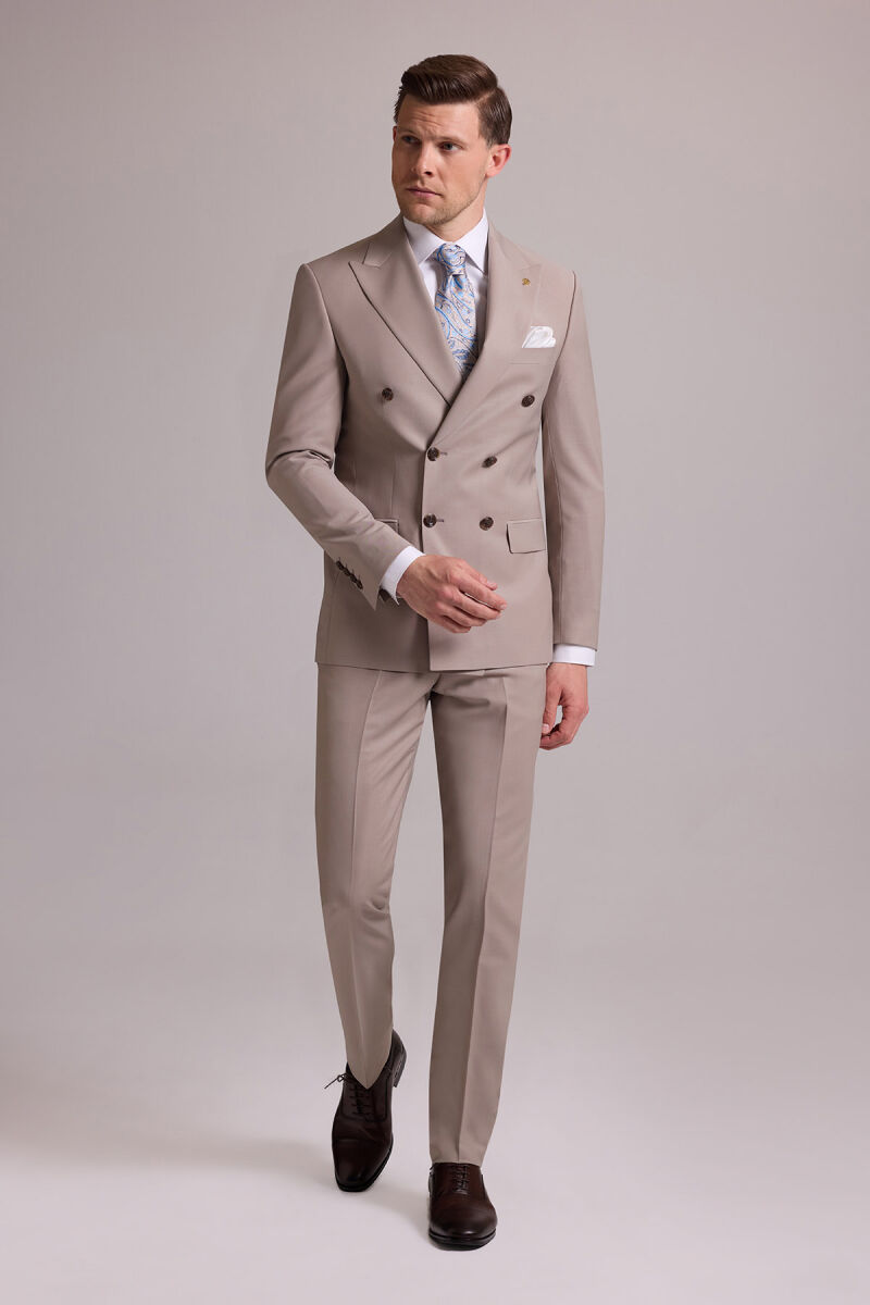 Erkek Krem Slim Fit Kruvaze %100 Yün Takım Elbise - 2