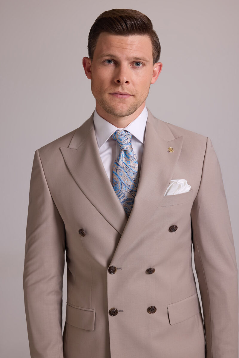 Erkek Krem Slim Fit Kruvaze %100 Yün Takım Elbise - 3