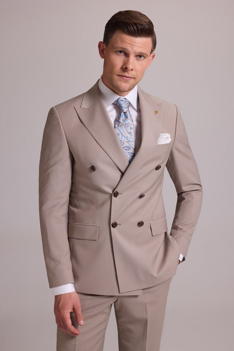 Erkek Krem Slim Fit Kruvaze %100 Yün Takım Elbise - 6