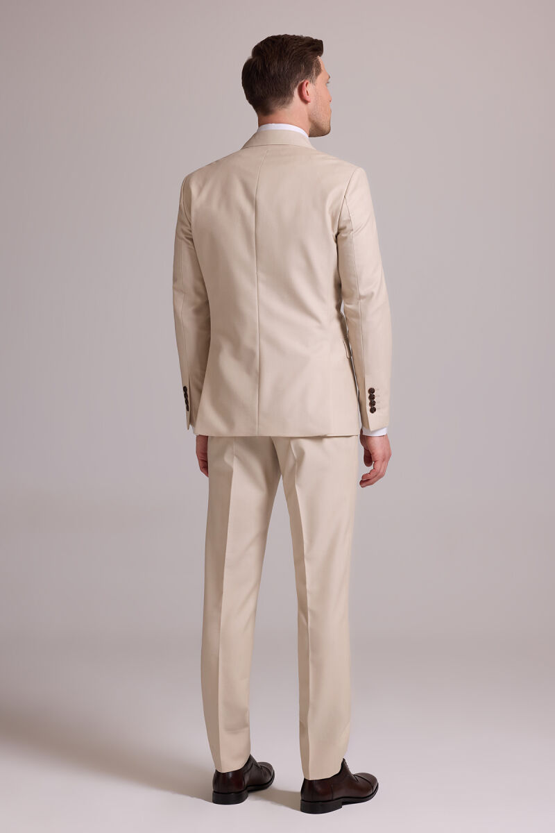 Erkek Krem Slim Fit Kruvaze Yün Takım Elbise - 12