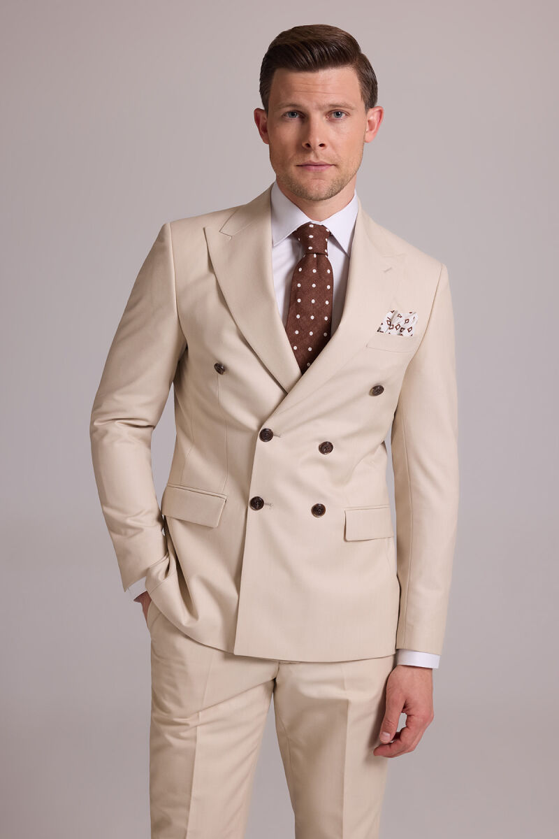 Erkek Krem Slim Fit Kruvaze Yün Takım Elbise - 3