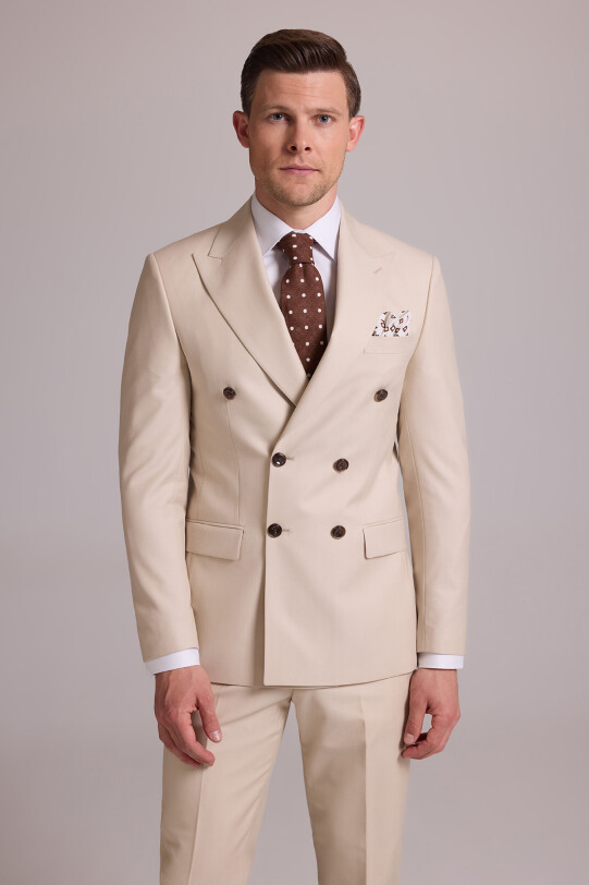 Erkek Krem Slim Fit Kruvaze Yün Takım Elbise