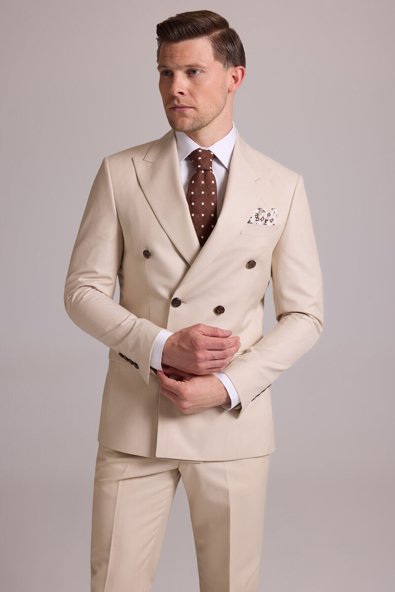 Erkek Krem Slim Fit Kruvaze Yün Takım Elbise - 6