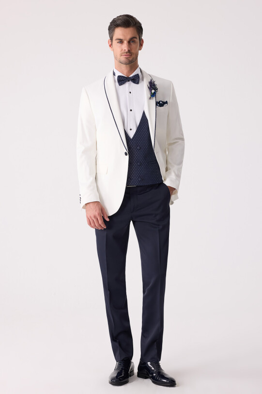 Erkek Krem Slim Fit Mono Yaka Yelekli Damatlık