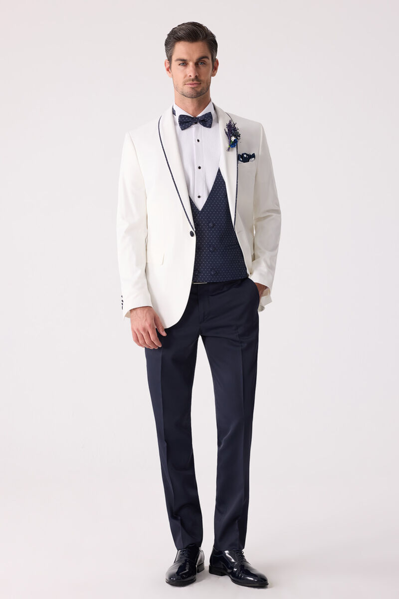 Erkek Krem Slim Fit Mono Yaka Yelekli Damatlık - 3