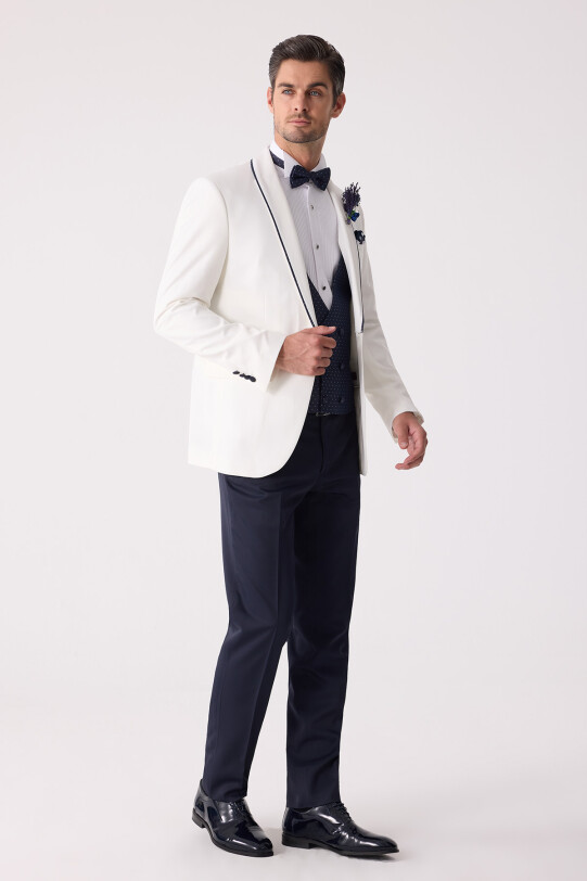 Erkek Krem Slim Fit Mono Yaka Yelekli Damatlık