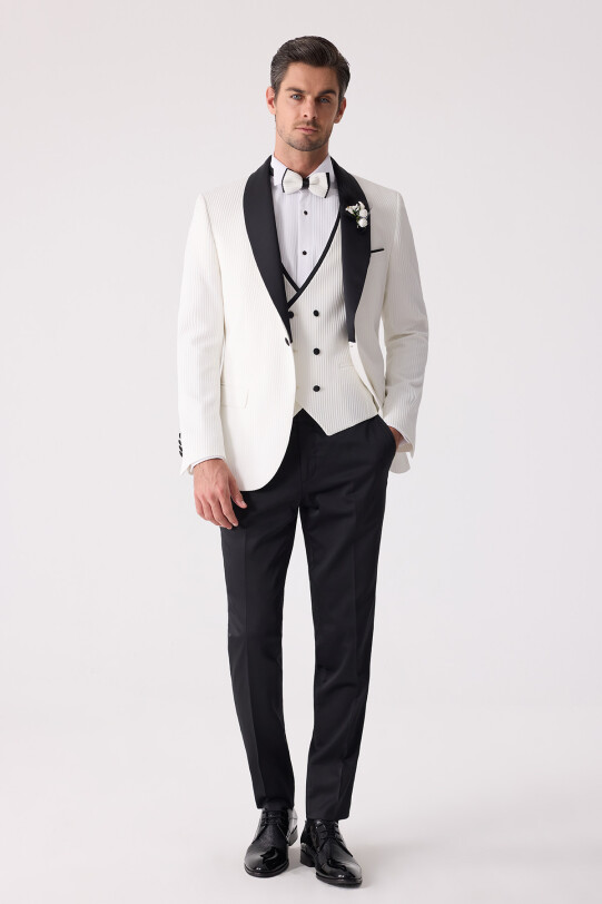 Erkek Krem Slim Fit Şal Yaka Damatlık