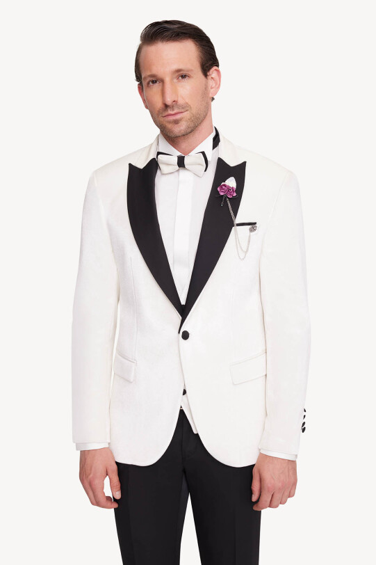 Erkek Krem Slim Fit Sivri Yaka Kadife Damatlık