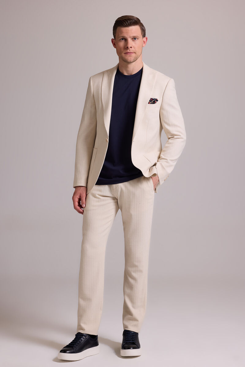 Erkek Krem Slim Fit Sivri Yaka Takım Elbise - 1