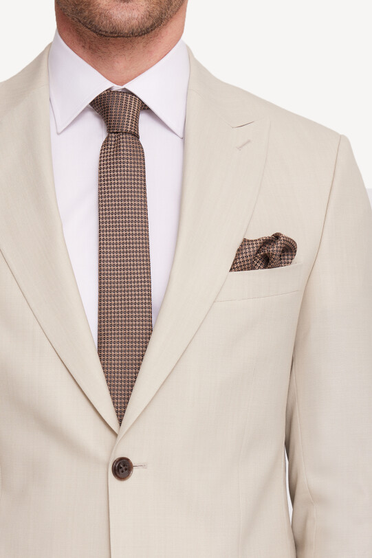 Erkek Krem Slim Fit Sivri Yaka Takım Elbise