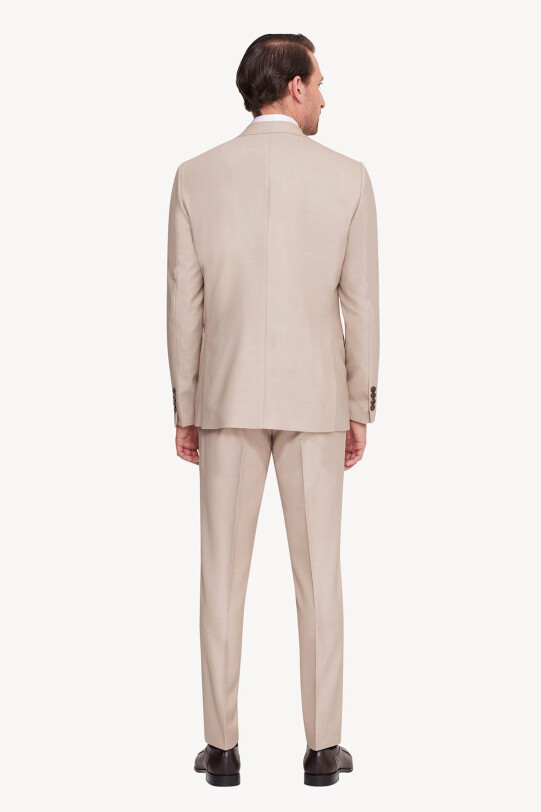 Erkek Krem Slim Fit Sivri Yaka Yelekli Takım Elbise