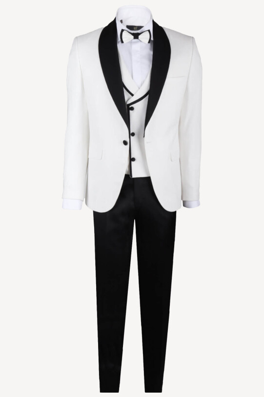 Erkek Krem Slim Fit Yelekli Çıkma Şal Yaka Damatlık