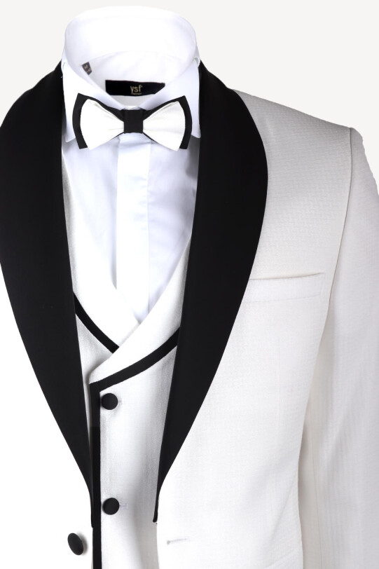 Erkek Krem Slim Fit Yelekli Çıkma Şal Yaka Damatlık