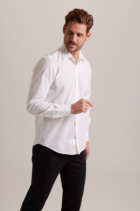 Erkek Krem Yarım İtalyan Slim Fit Uzun Kol Gömlek