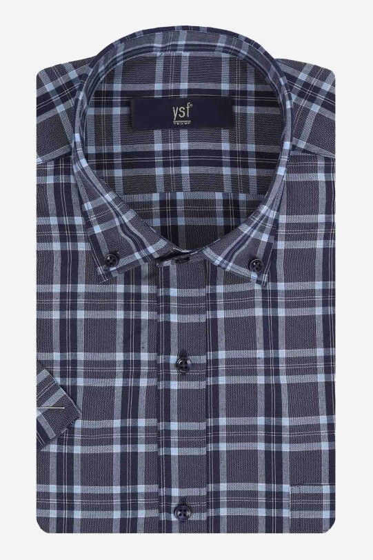 Erkek Lacivert Kısa Kol Kareli Klasik Gömlek - YSF