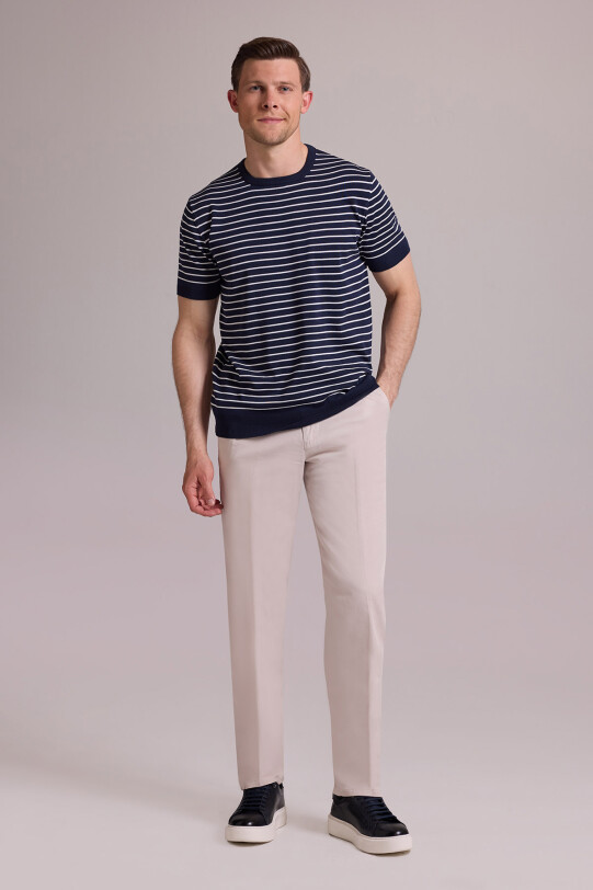 Erkek Lacivert Beyaz Regular Fit Bisiklet Yaka Çizgili Tişört