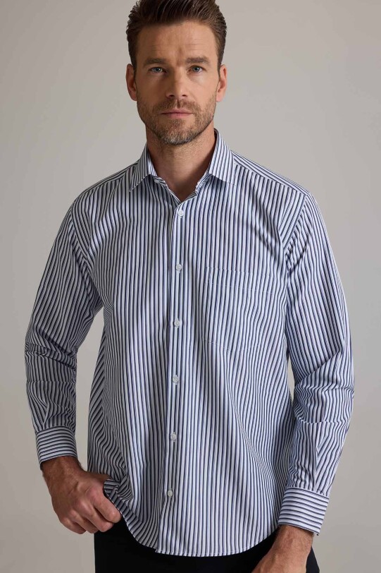 Erkek Lacivert Beyaz Regular Fit Çizgili Pamuklu Gömlek