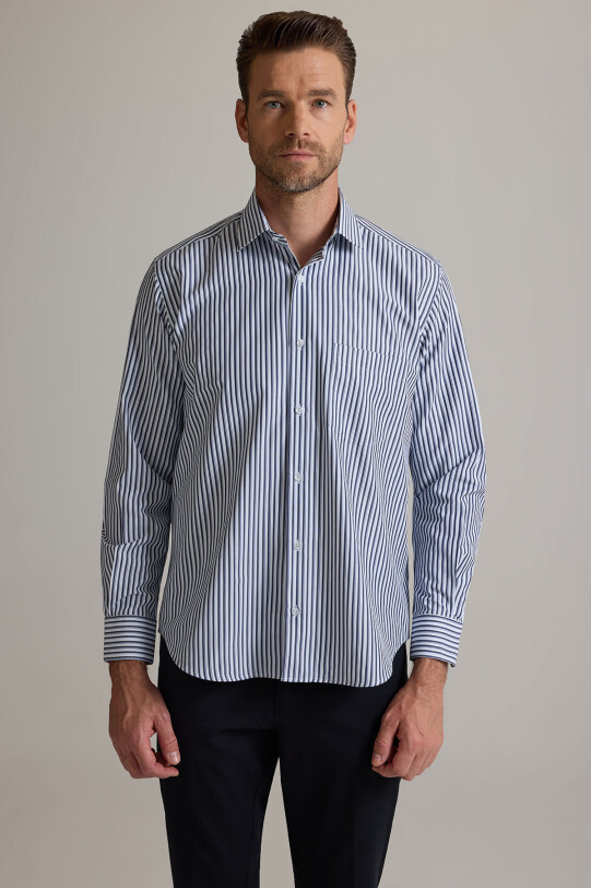 Erkek Lacivert Beyaz Regular Fit Çizgili Pamuklu Gömlek