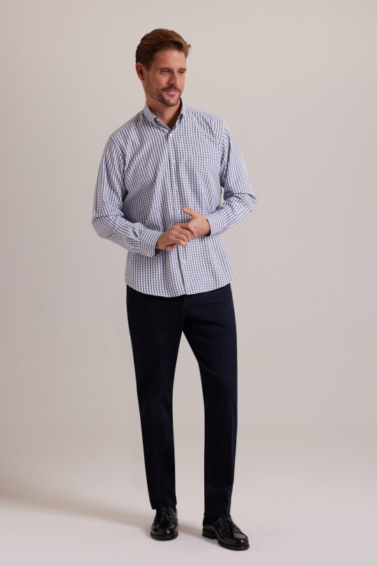 Erkek Lacivert Beyaz Regular Fit Kareli Yaka Düğmeli Gömlek