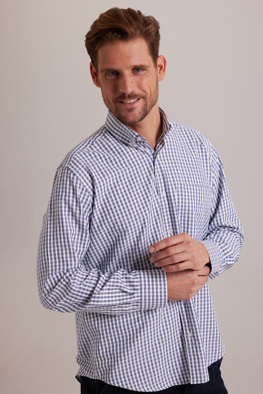 Erkek Lacivert Beyaz Regular Fit Kareli Yaka Düğmeli Gömlek