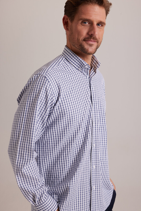 Erkek Lacivert Beyaz Regular Fit Kareli Yaka Düğmeli Gömlek