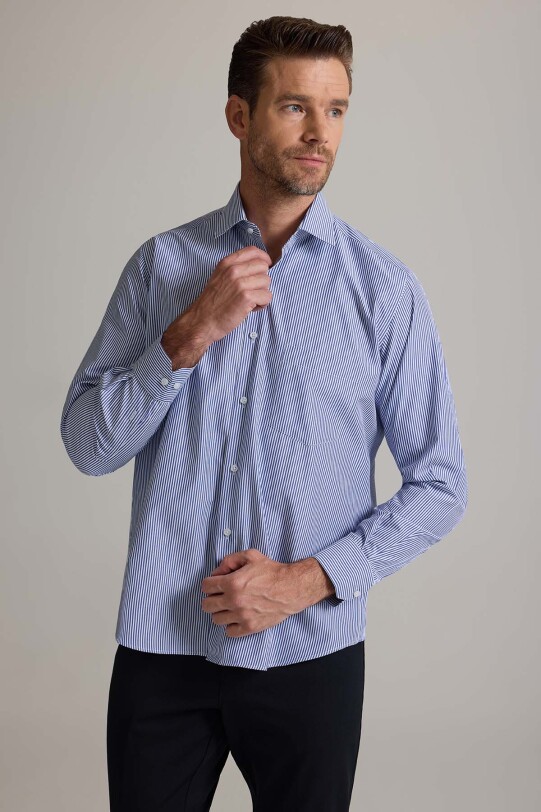 Erkek Lacivert Beyaz Regular Fit Pamuklu Çizgili Gömlek
