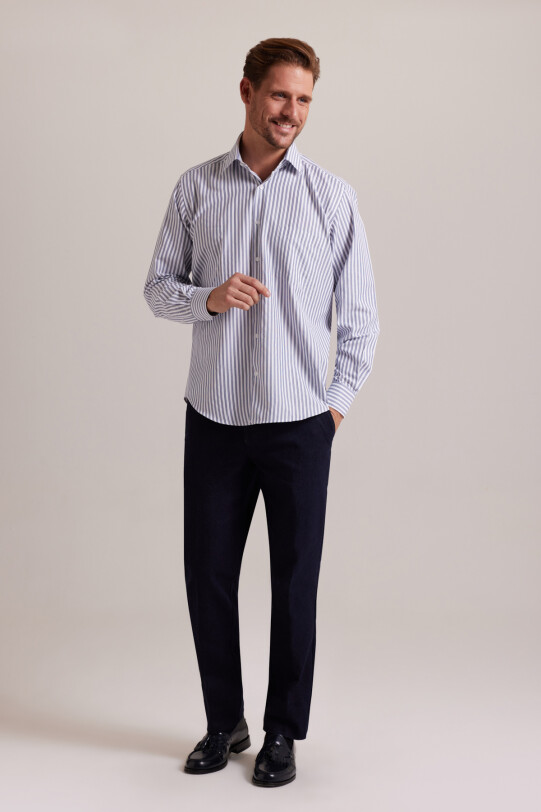 Erkek Lacivert Beyaz Uzun Kol Regular Fit Çizgili Yarım İtalyan Yaka Gömlek