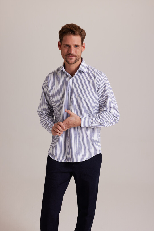 Erkek Lacivert Beyaz Uzun Kol Regular Fit Çizgili Yarım İtalyan Yaka Gömlek
