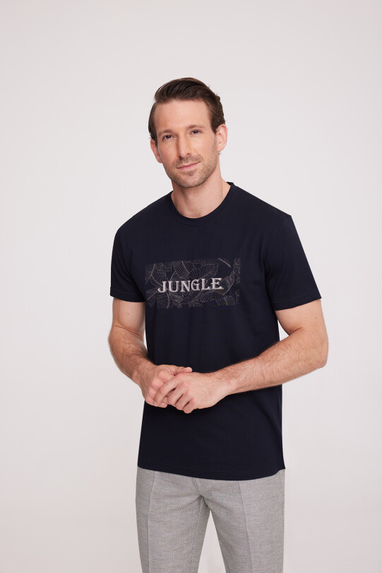 Erkek Lacivert Bisiklet Yaka Desenli T-Shirt