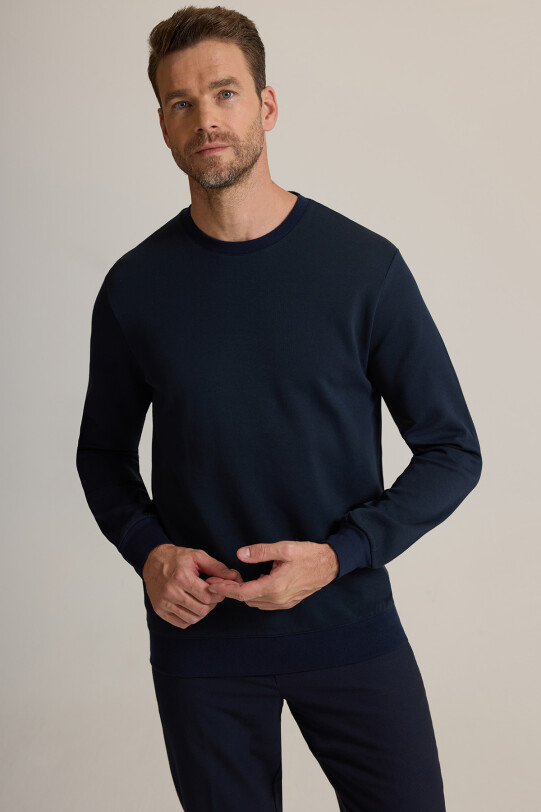 Erkek Lacivert Bisiklet Yaka Pamuklu Sweatshirt