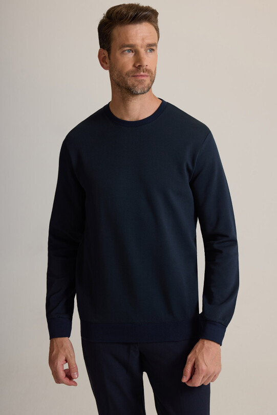 Erkek Lacivert Bisiklet Yaka Pamuklu Sweatshirt